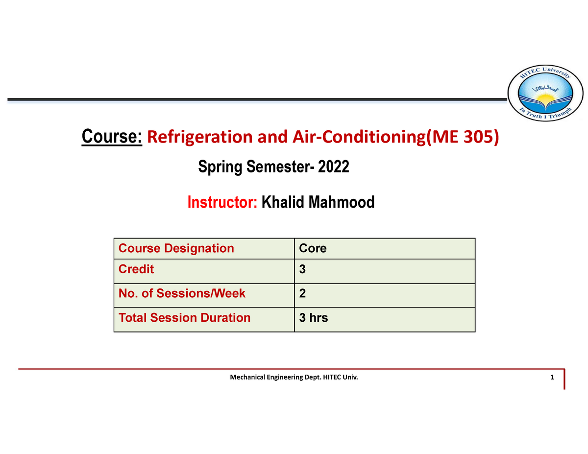 Lecture Week 1 Rac Course Refrigeration And Air Conditioningme 305