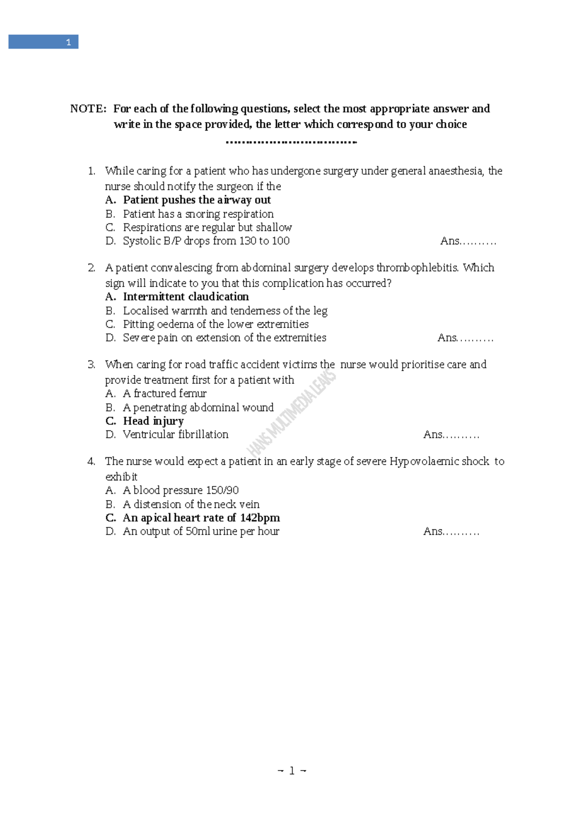 SURG OB Knust - Multiple choice questions - 1 NOTE: For each of the ...