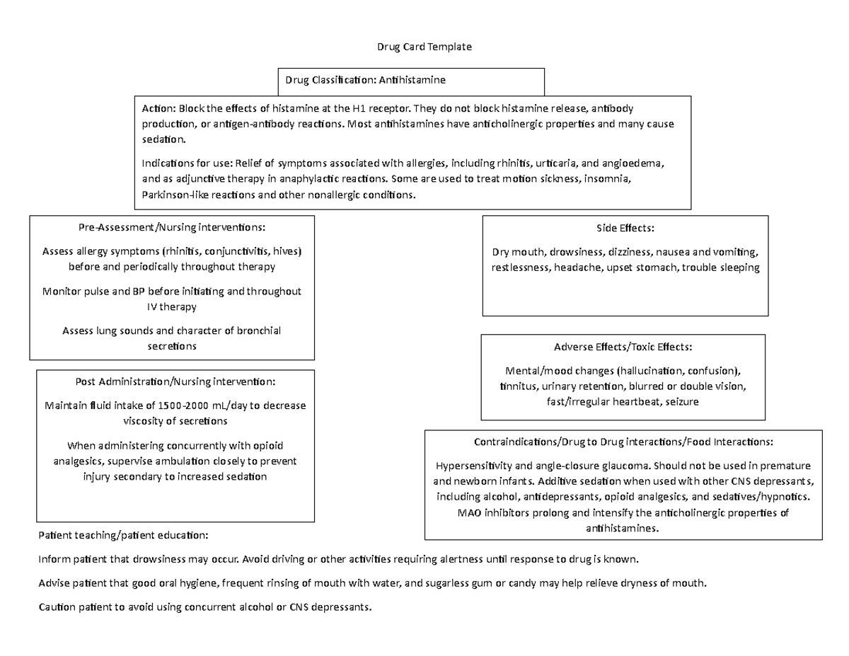 Antihistamine Drug Card Drug Card Template Patient teaching/patient