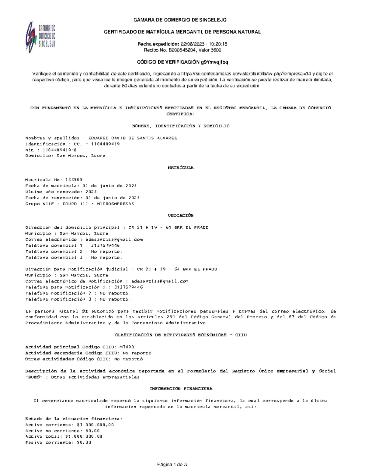 Certificado de Càmara de Comercio 2023 Eduardo de Santis - CÁMARA DE ...