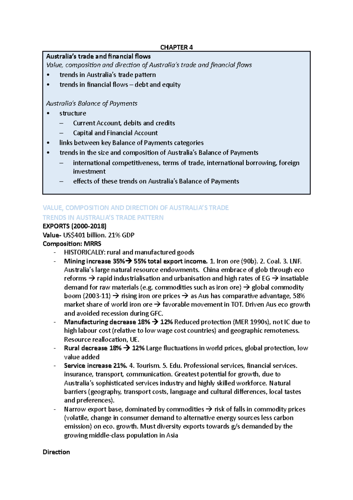 ECON1102 Notes - CH4 Trade and Financial Flows - CHAPTER 4 Australia’s ...
