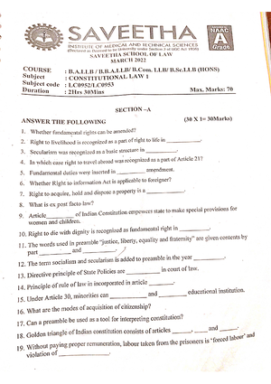 10 - Sample question paper for consti1 - Constitution Law - Studocu