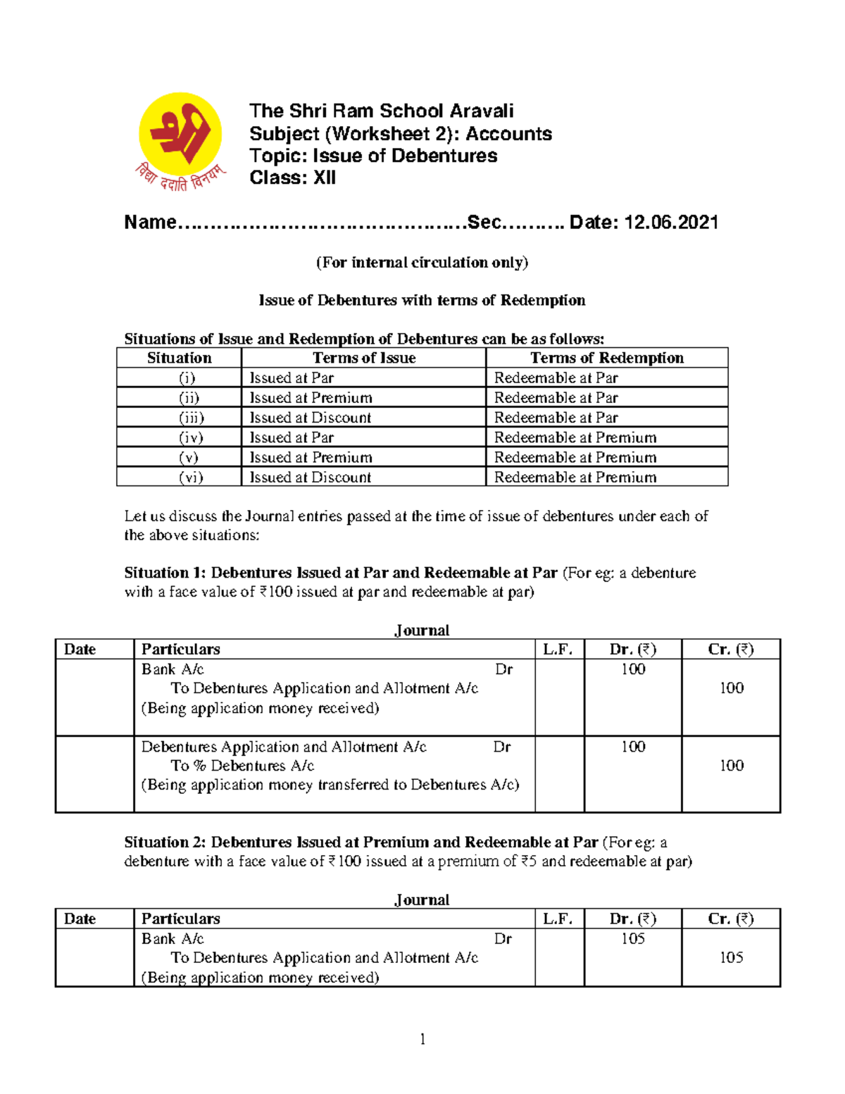 CL12 Accounts Issue of Debentures Worksheet 2 12 - The Shri Ram School ...