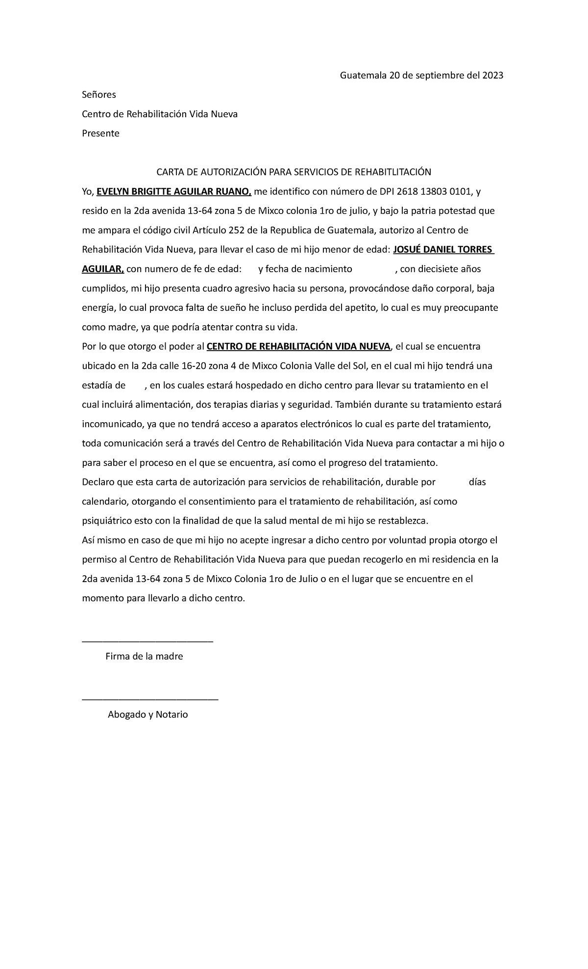 Carta Josue Daniel Aguilar - Guatemala 20 de septiembre del 2023