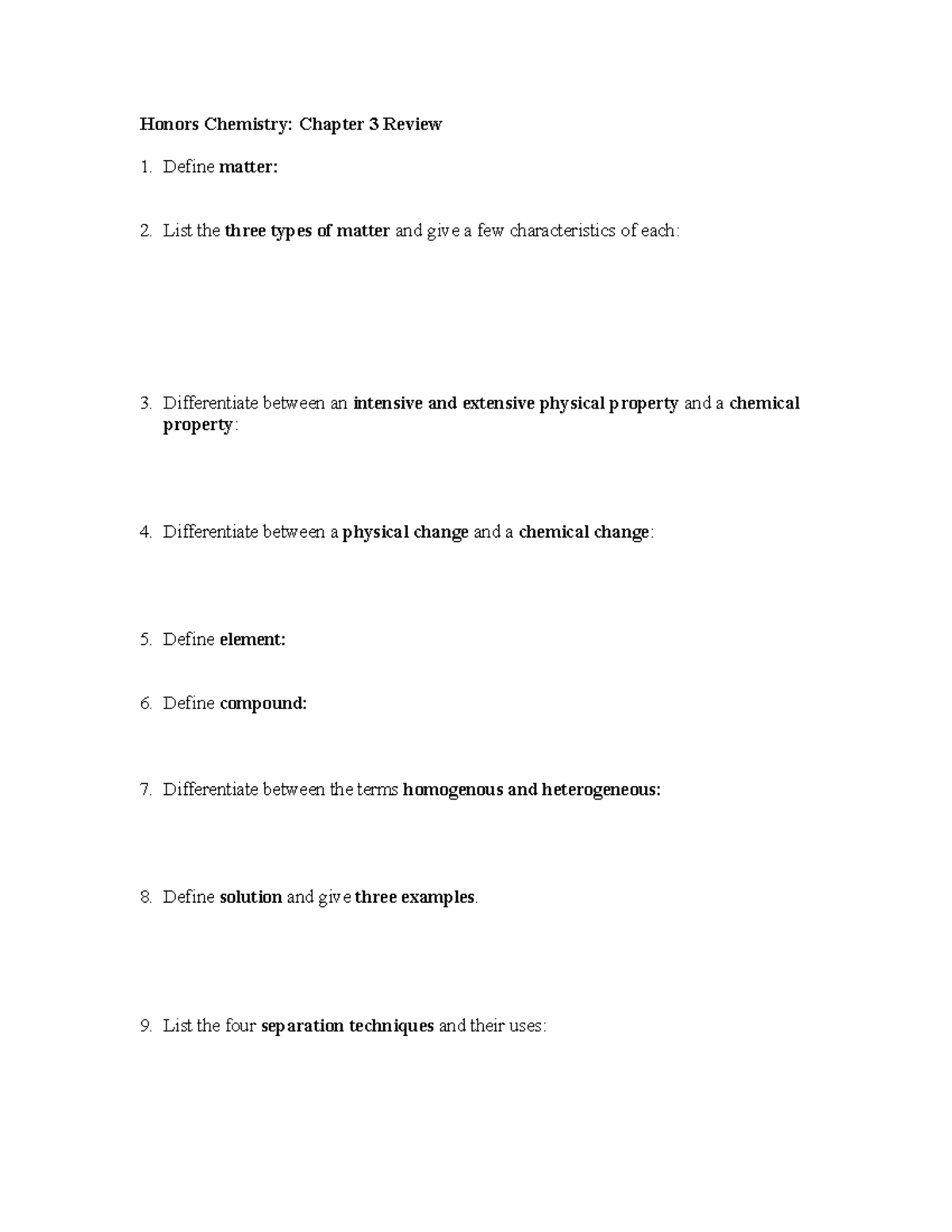 Chapter 3 Review Honors Chemistry Chapter 3 Review Define Matter 