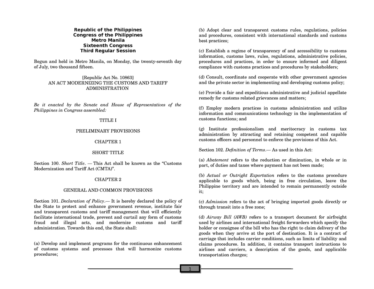 Customs Modernization Tariff Act Bs Accountancy StuDocu