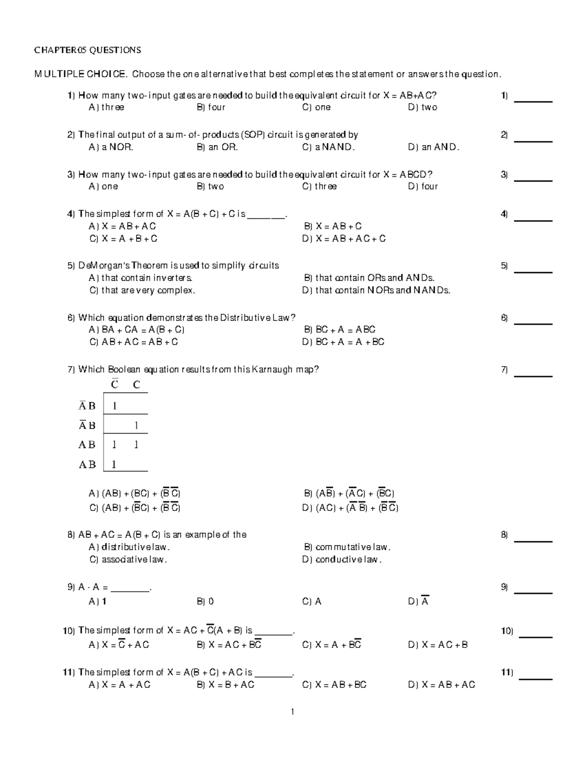 Boolean Algebra Questions and Answers - CHAPTER05 QUESTIONS MULTIPLE ...
