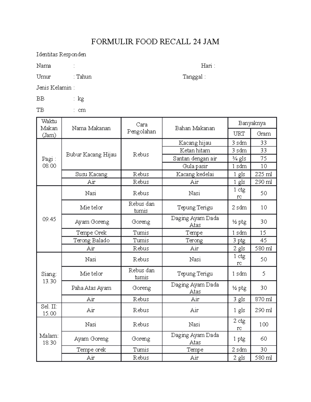 Contoh Formulir Food Record Contoh Daur Images