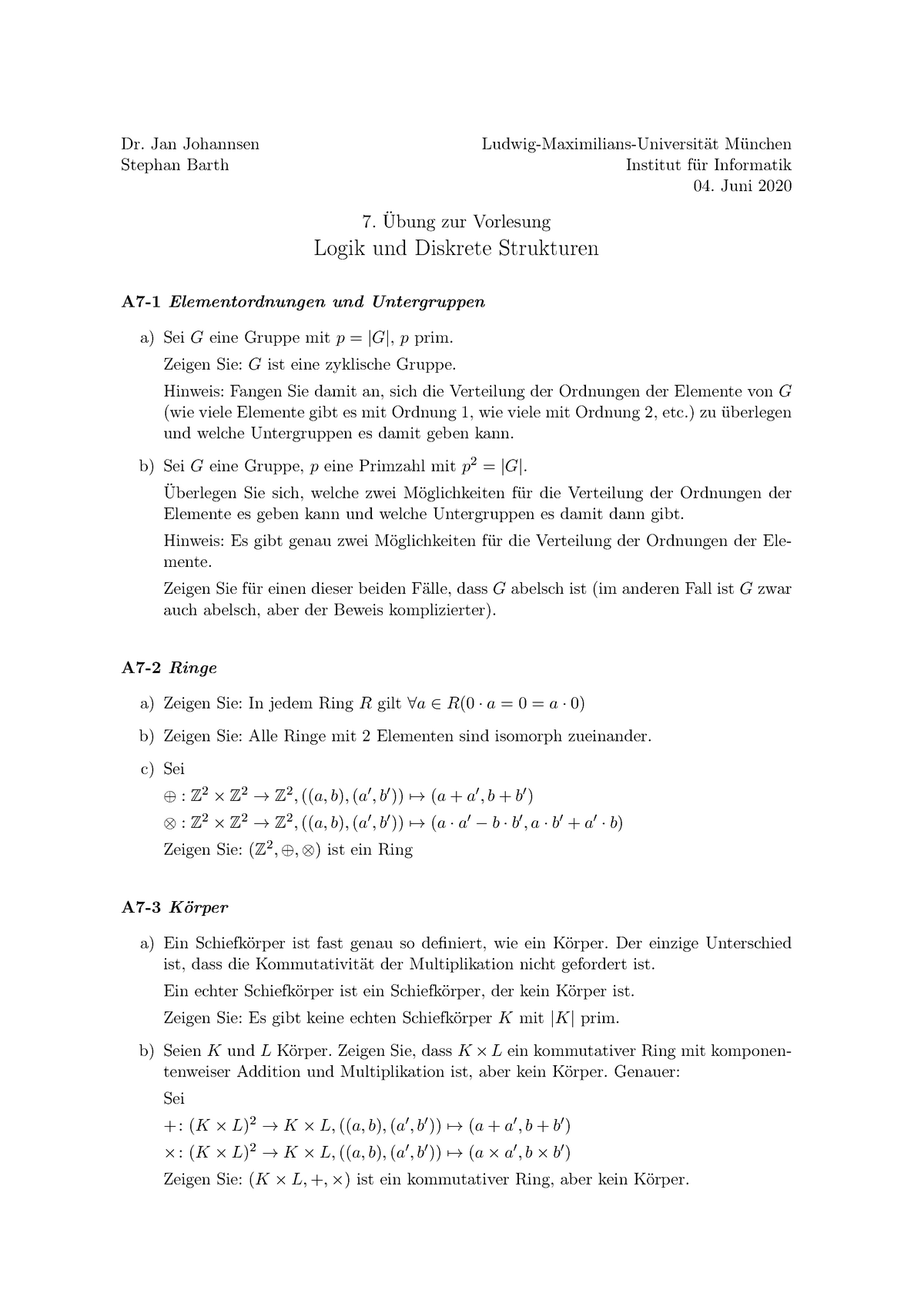 Blatt 07 - Sommersemester - Logik Und Diskrete Strukturen - 16425 ...