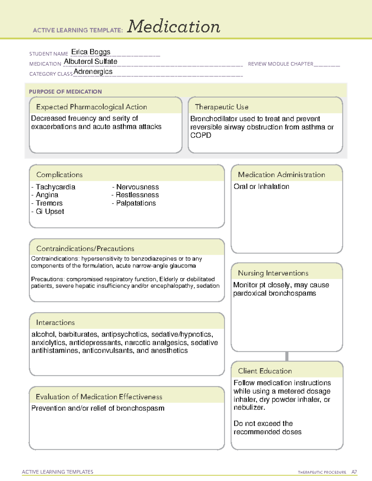 Albuterol Sulfate Medication Sheet - ACTIVE LEARNING TEMPLATES ...