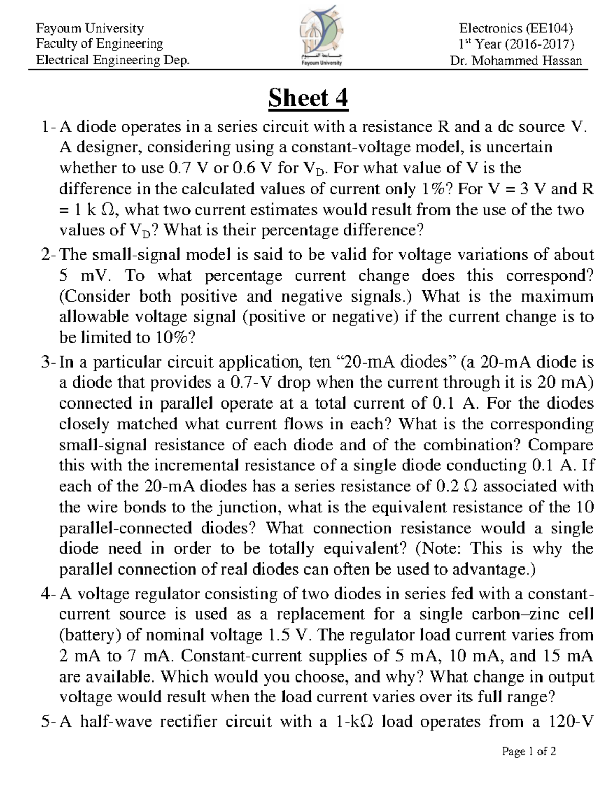 Sheet 4 - Fayoum University Faculty of Engineering Electrical ...