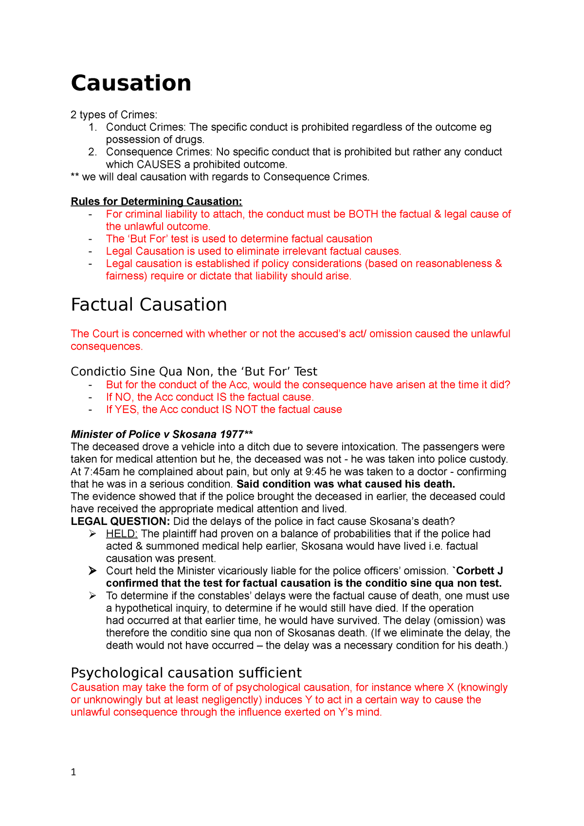 Crim Final Exam Case Summaries - Causation 2 Types Of Crimes: 1 ...