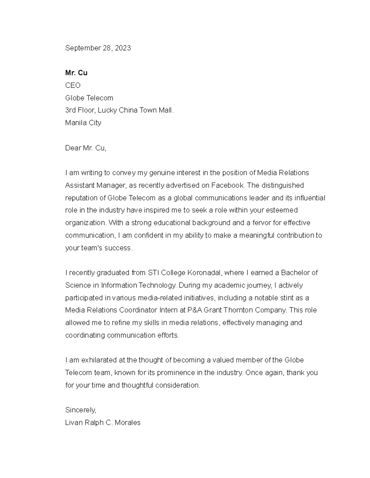 Cover Letter - Euthenics 2 - September 28, 2023 Mr. Cu CEO Globe ...