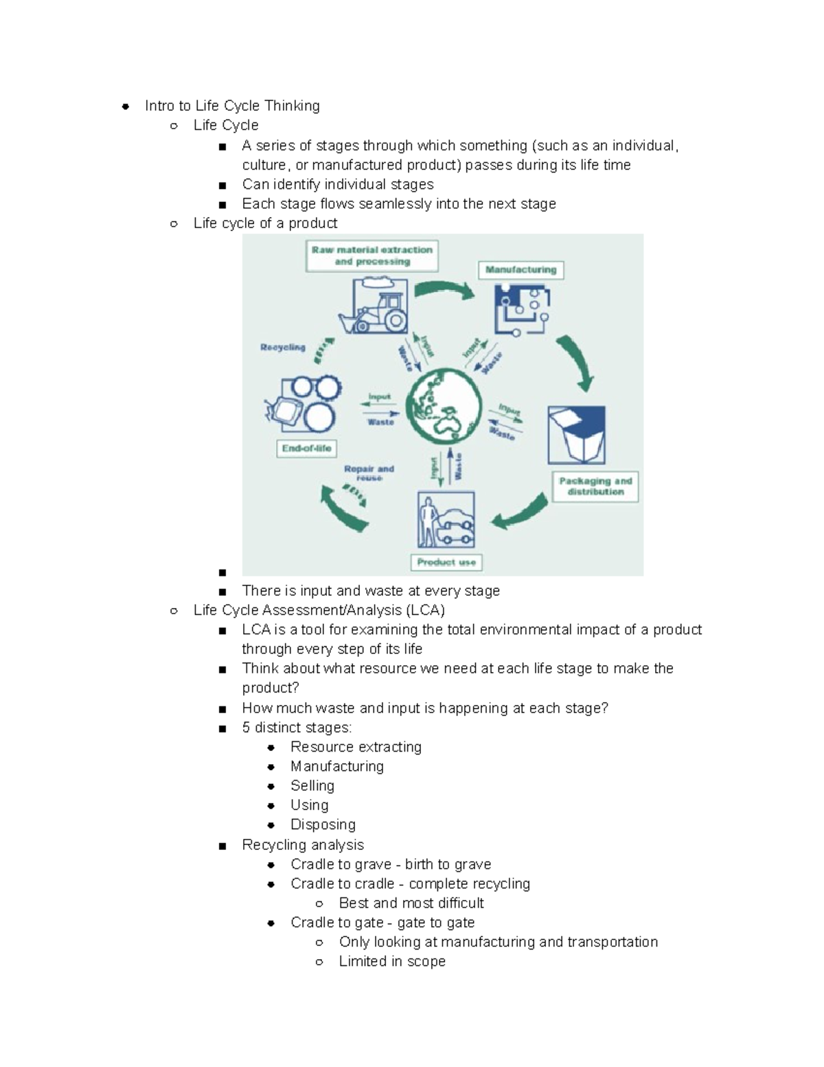 EGGG 101 Week 9 Notes - Intro to Life Cycle Thinking Life Cycle A ...