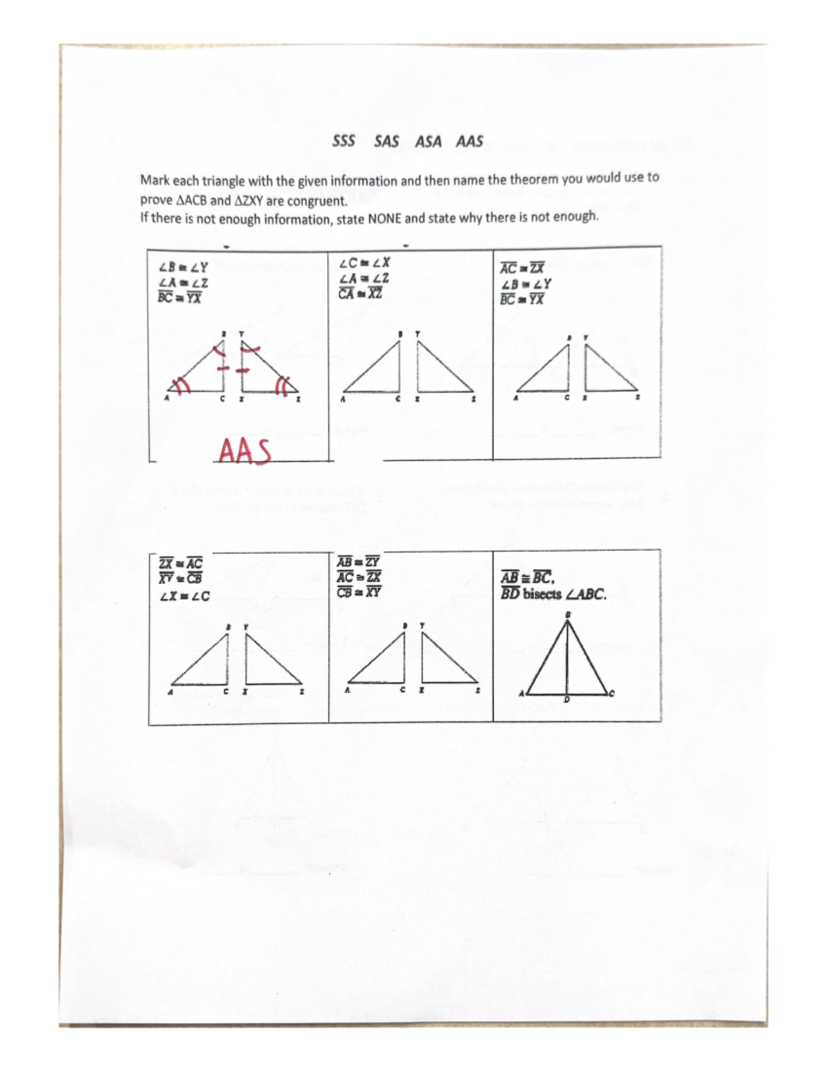 AAS - geometry work - SAS ASA AAS Mark each triangle with the given ...