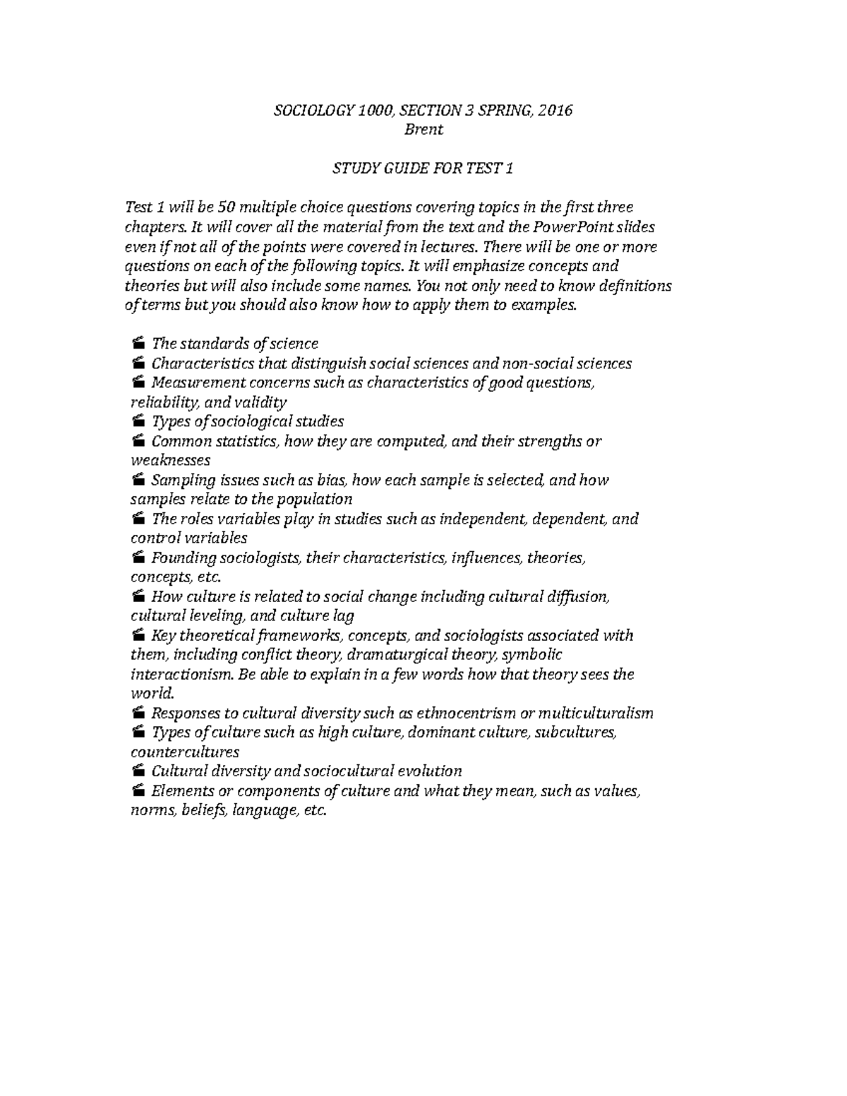 Sociology 1000 Study Guide Test 1 - SOCIOLOGY 1000, SECTION 3 SPRING ...