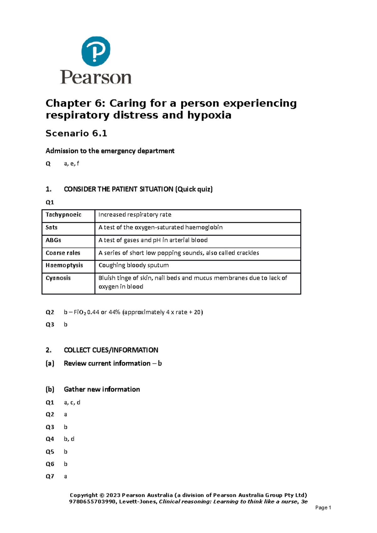 Chapter 6 Answers Clinical Reasoning Learning to think like a nurse 3rd edition Chapter 6
