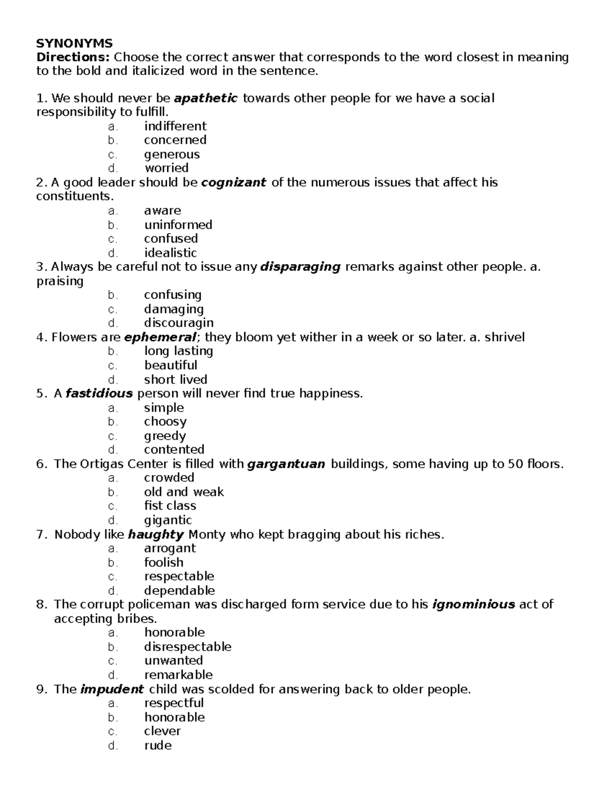 Vocabulary-Questionnaire - SYNONYMS Directions: Choose the correct ...