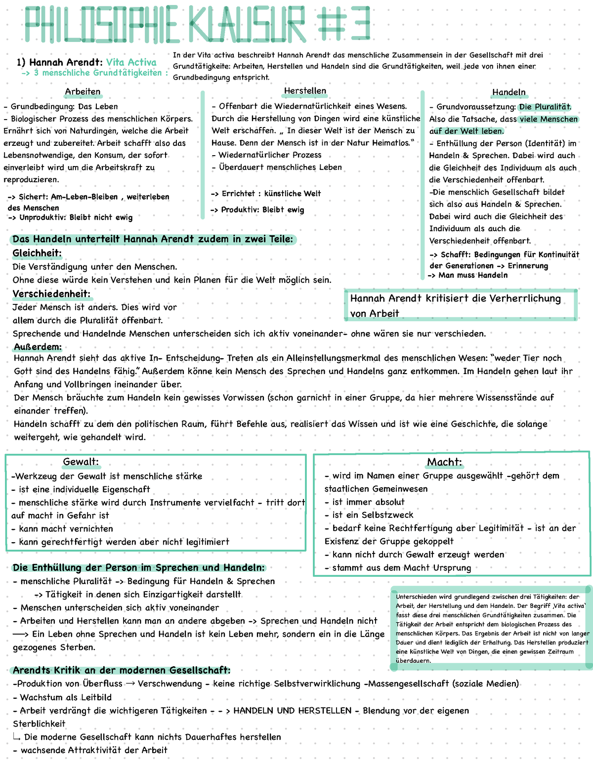 Lernzettel Philosophie Arendt Und Gehlen Grundbedingung Das Leben