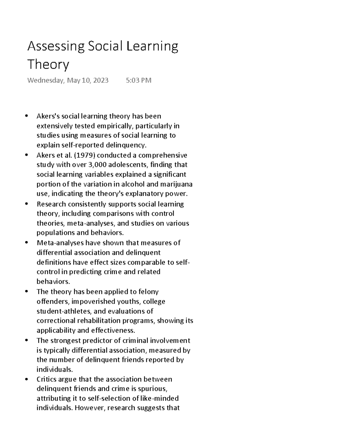 Assessing Social Learning Theory - Akers's social learning theory has ...