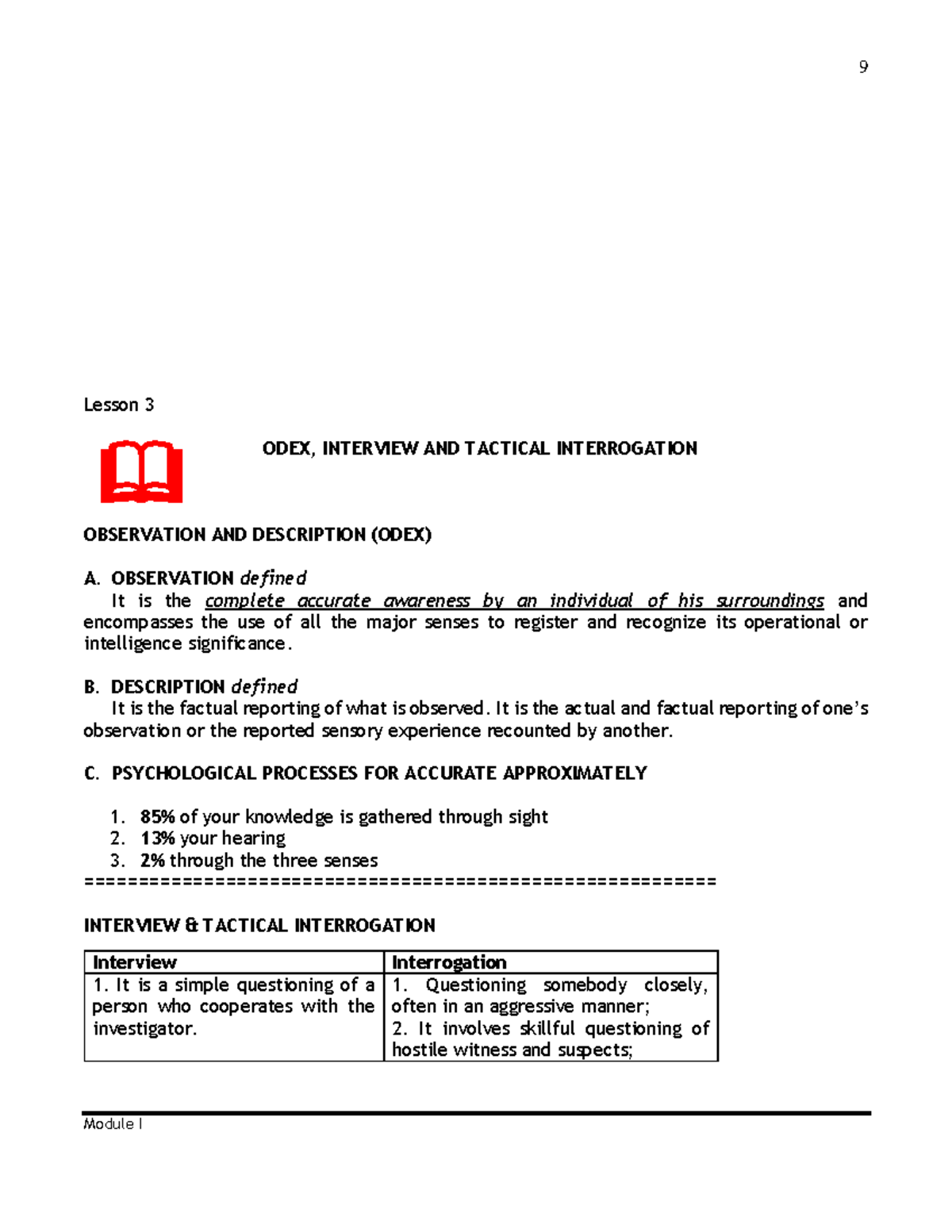 ODEX, Interview and Tactical Interrogation 9 Module I Lesson 3 OBSERVATION AND DESCRIPTION