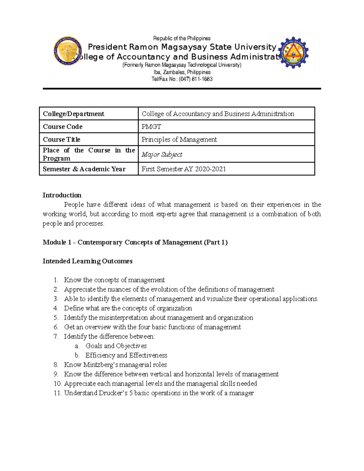 Module PMGT - Principles of Management - Republic of the Philippines ...