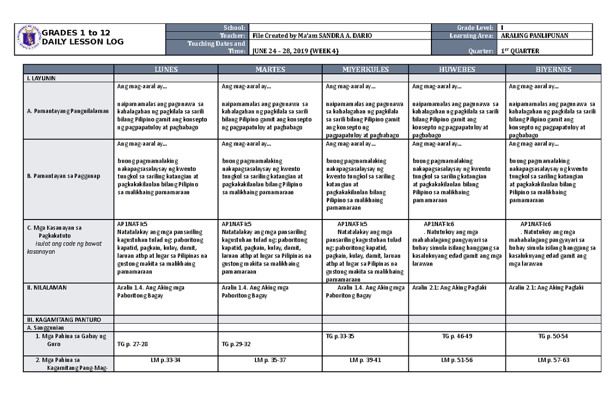 DLL Araling Panlipunan 1 Q1 W4 - GRADES 1 to 12 DAILY LESSON LOG School ...