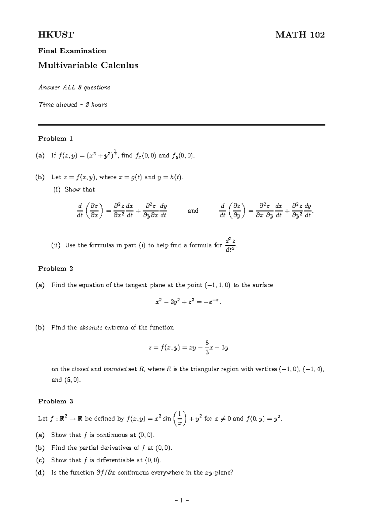 Final exam 2016, questions - HKUST MATH 102 Final Examination ...