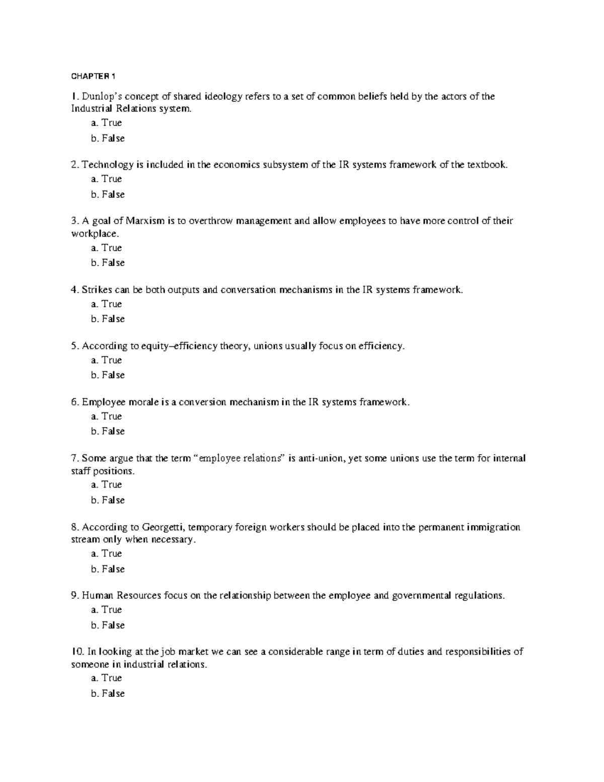 True false questions chapter 1 6 - CHAPTER 1 Dunlop’s concept of shared ...