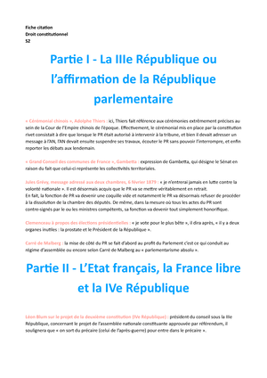 Fiche Citation Droit Constitutionnel S2 Fiche Cita On Droit Cons Tu Onnel S Par E I La Iiie Studocu