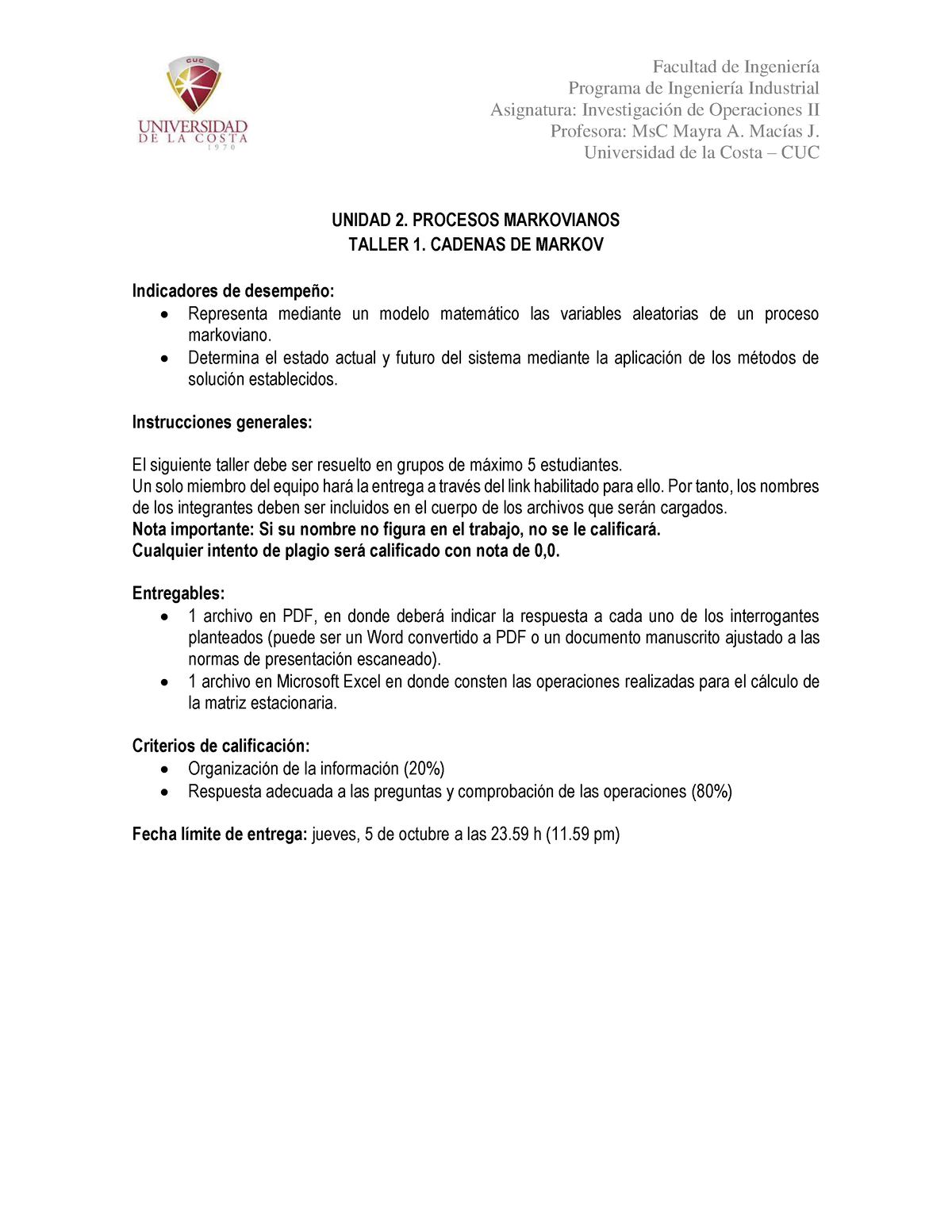 Taller Cadenas De Markov Mi Ã©rcoles AM - Facultad De Ingeniería ...