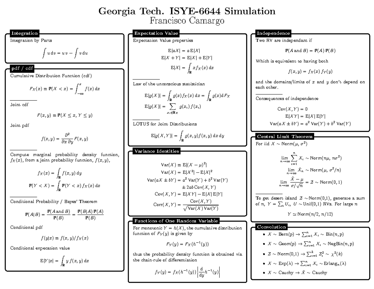 Cheat sheet 1 - Georgia Tech. ISYE-6644 Simulation Francisco Camargo ...