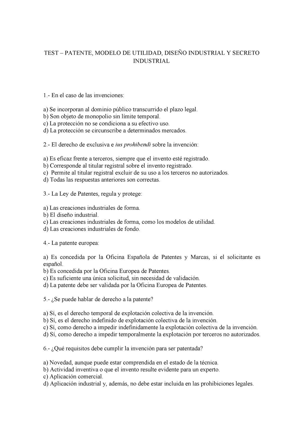 TEST 2019 Patente Modelos DE Utilidad DiseñO Industrial Y Secreto Industrial TEST PATENTE