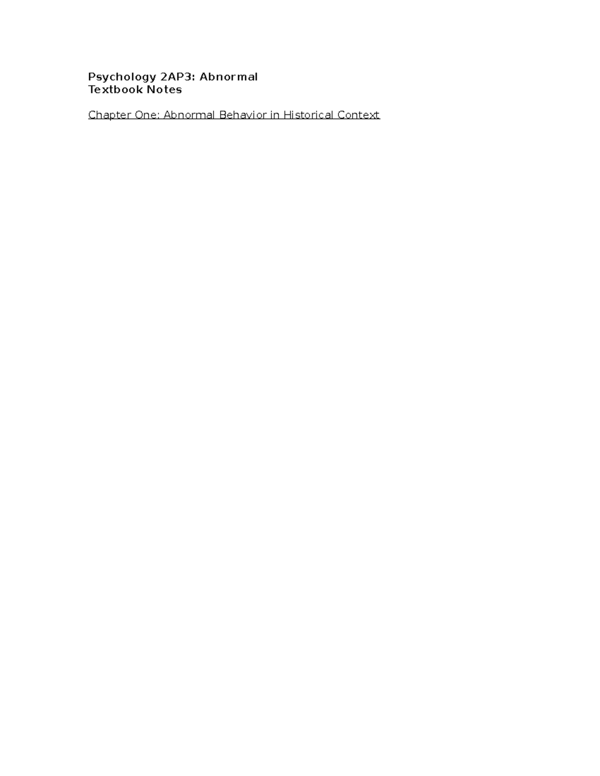 Summary - lecture - textbook notes - Psychology 2AP3: Abnormal Textbook ...