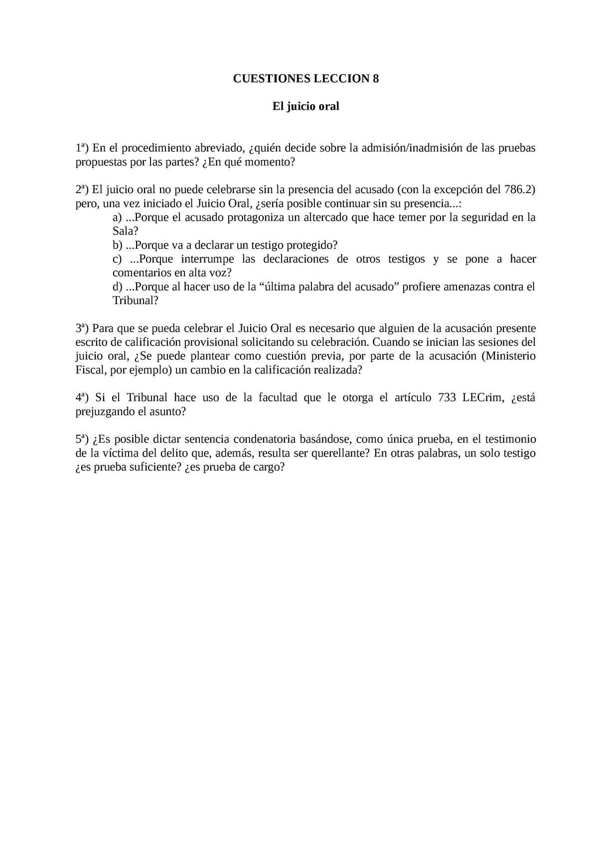 Cuestiones Leccion Cuestionarios De Preguntas Del Procesal Penal Cuestiones Leccion El