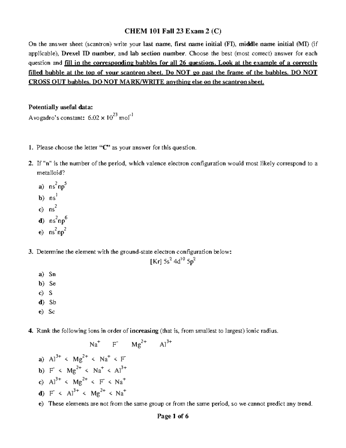 EXAM 2 - good - CHEM 101 Fall 23 Exam 2 (C) On the answer sheet ...
