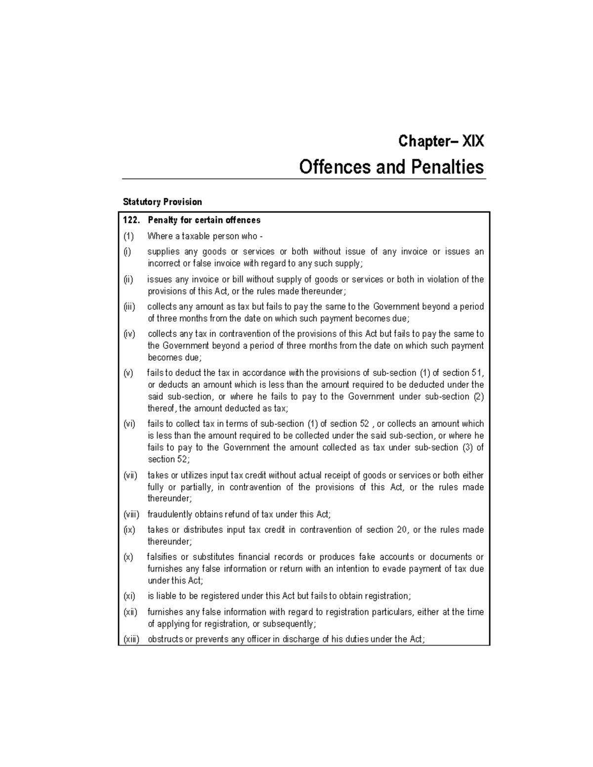 Chapter XIX Offences AND Penalties Chapterñ XIX Offences and Penalties Statutory Provision 122
