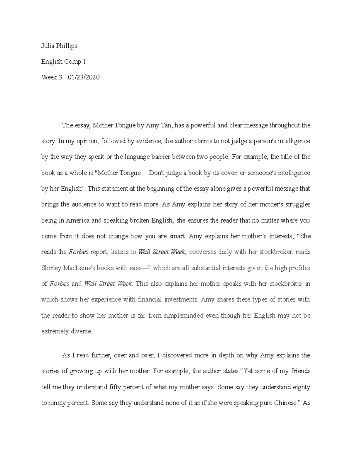 Eng writing plan - Julia Phillips English Comp 1 Week 3 - 01/23/ The ...