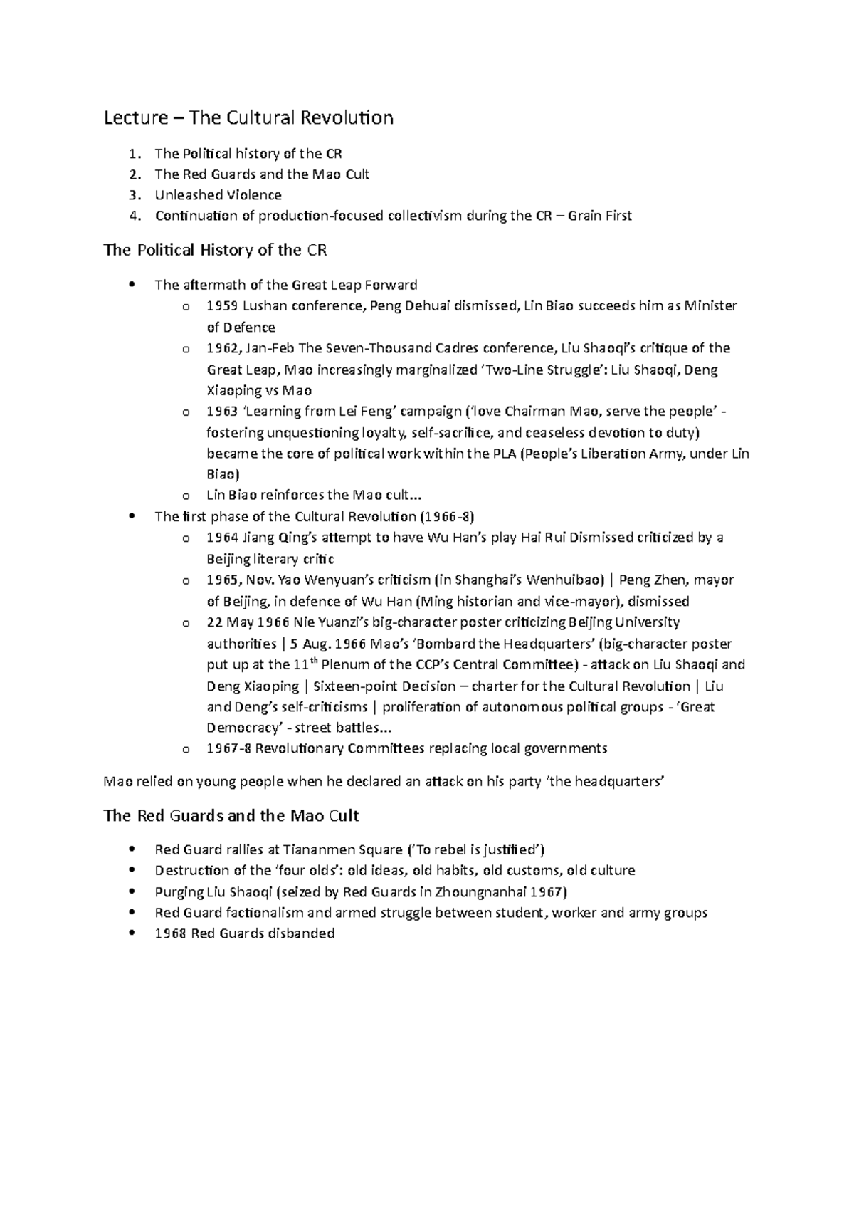 Lecture - .. The first phase of the Cultural Revolution (1966-8) o 1964 ...
