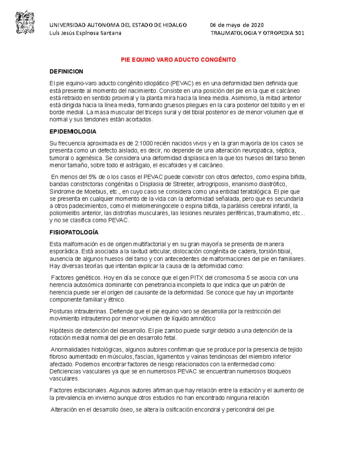 Pie equino varo aducto congénito Luis Jesús Espinosa Santana