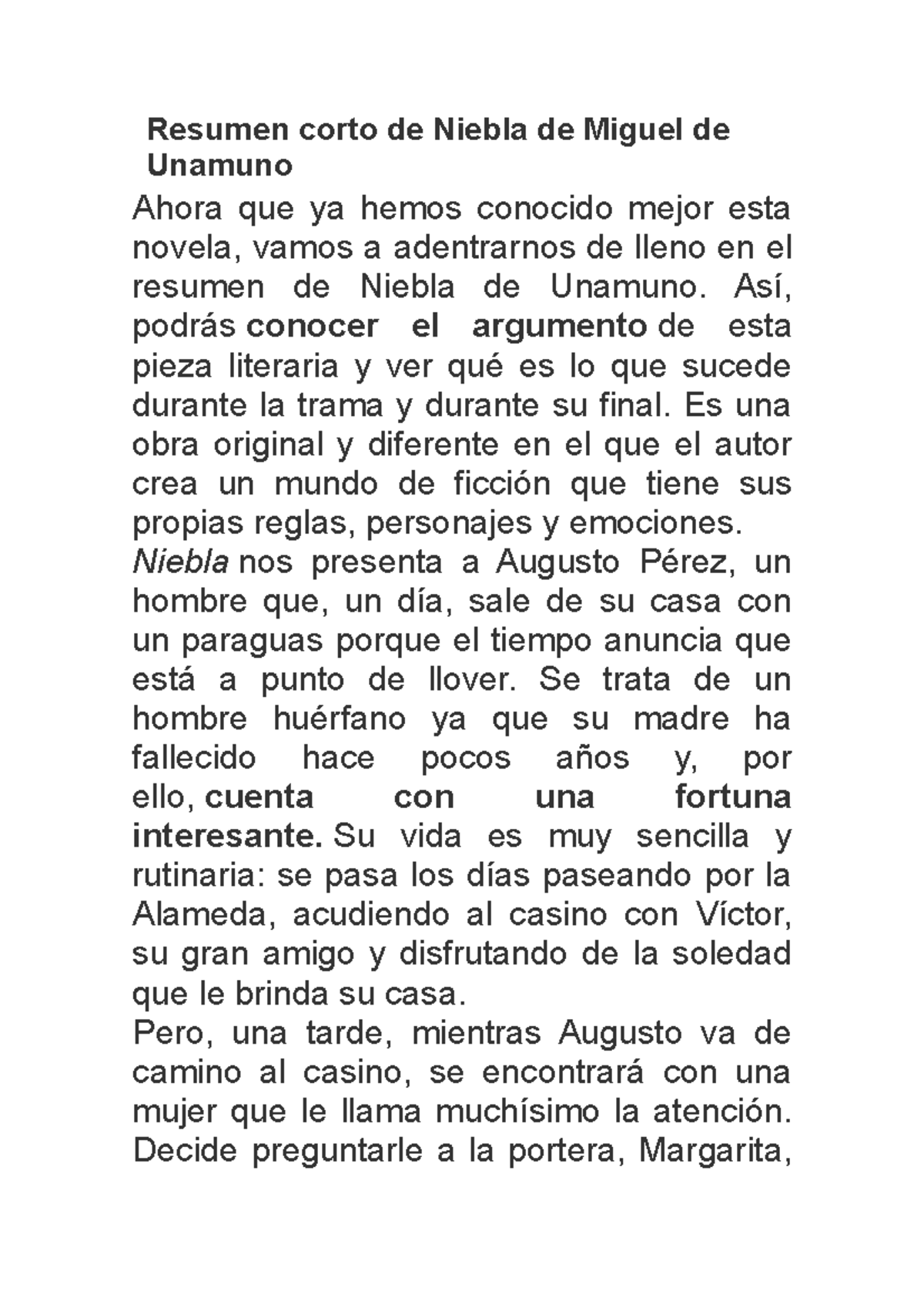 Resumen Niebla Miguel De Unamuno Resumen corto de Niebla de Miguel de Unamuno - Resumen corto de Niebla