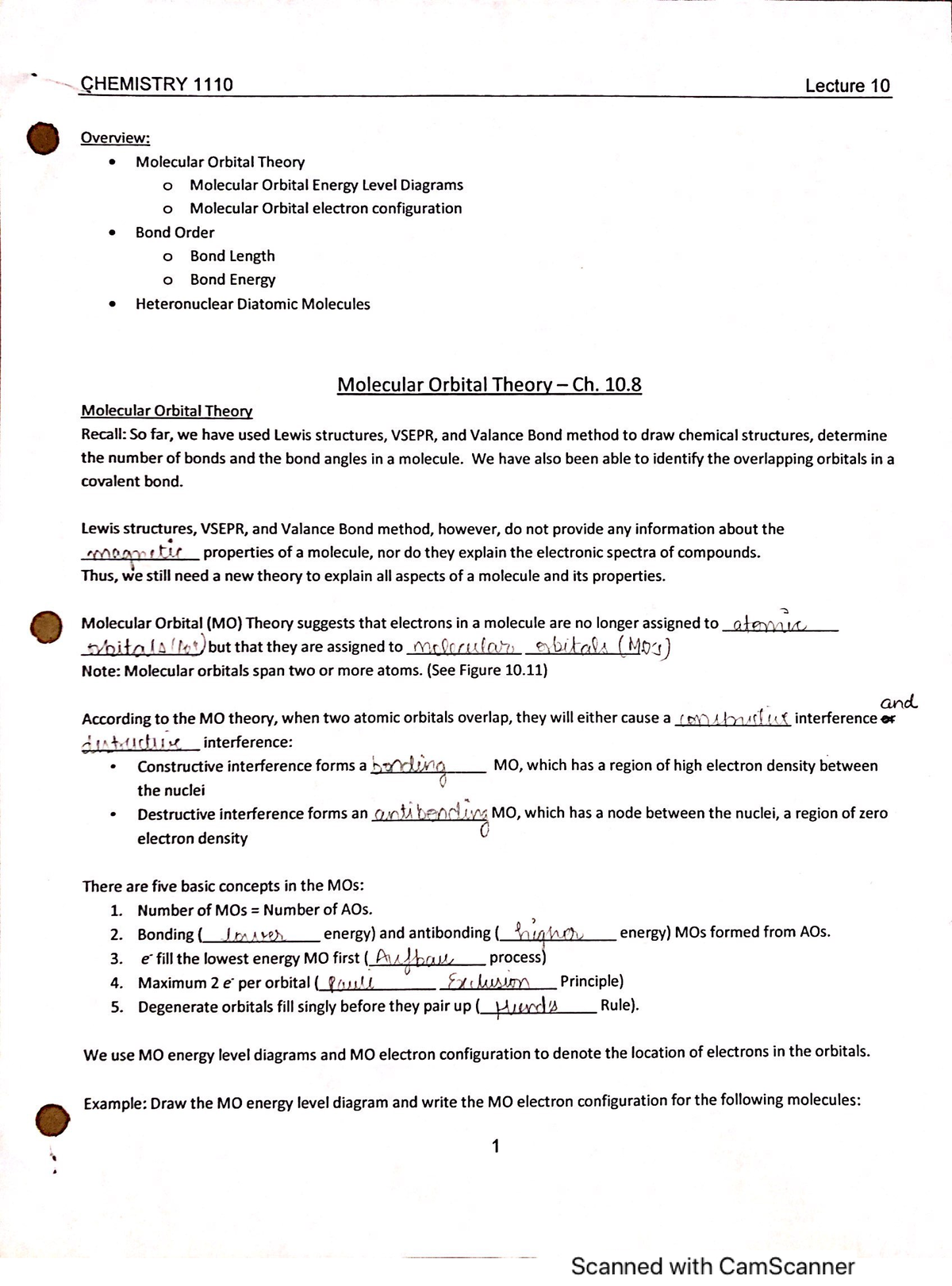 Lecture 10- Molecular Orbital Theory - CHEM 1110 - Studocu