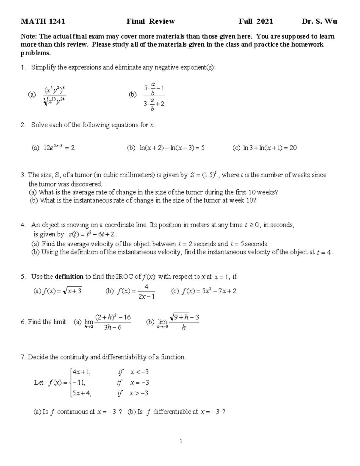 MATH1241 Final Review Problems - 1 MATH 1241 Final Review Fall 2021 Dr ...