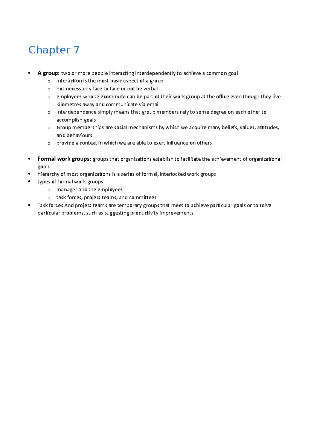 Chapter 7 - textbook notes - Organisational Behaviour/Organizational ...