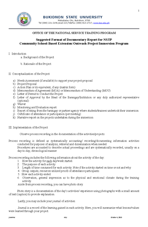 Suggested Format of Documentary Report for NSTP BUKIDNON STATE ...