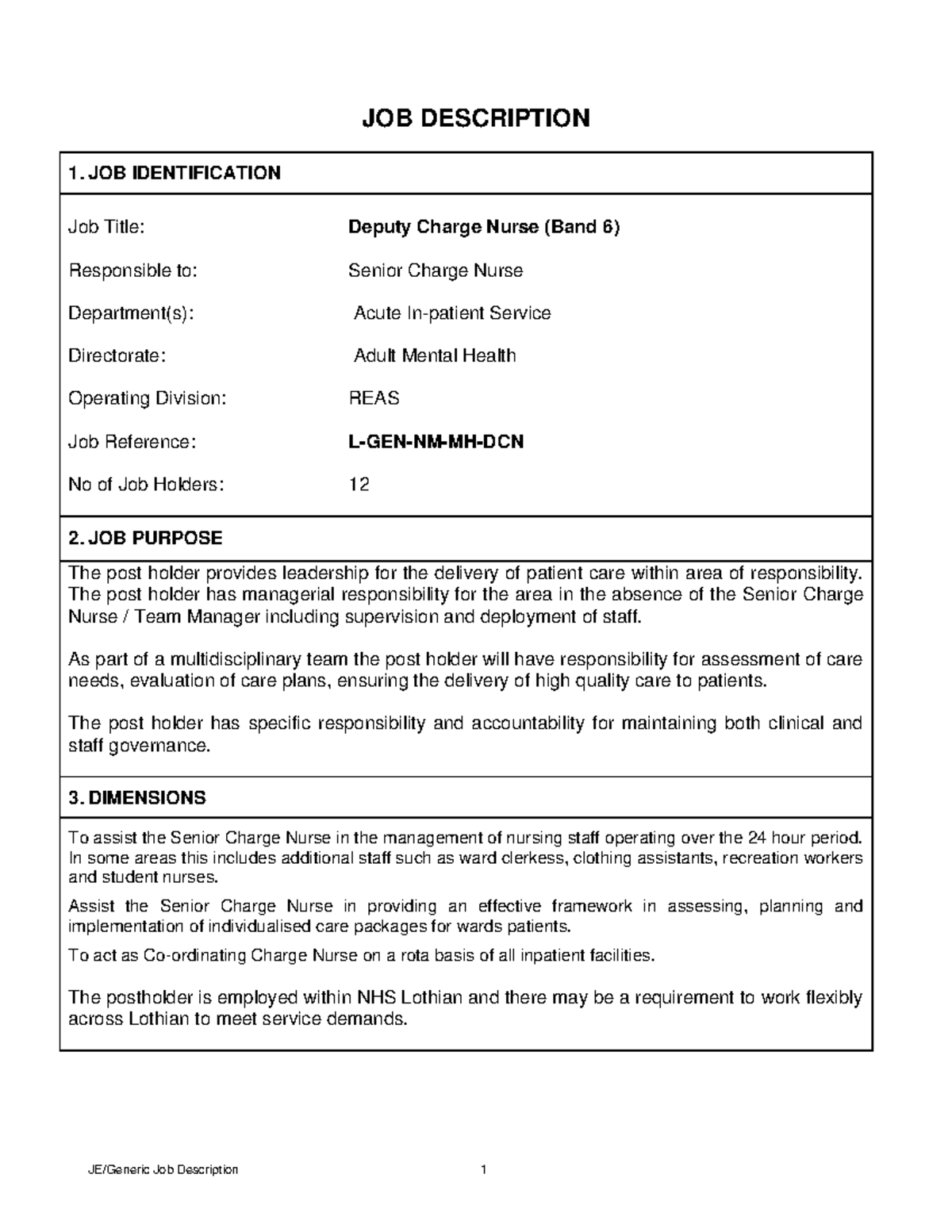 NHSL - 182507 Deputy Charge Nurse - Job Description - JOB DESCRIPTION 1 ...