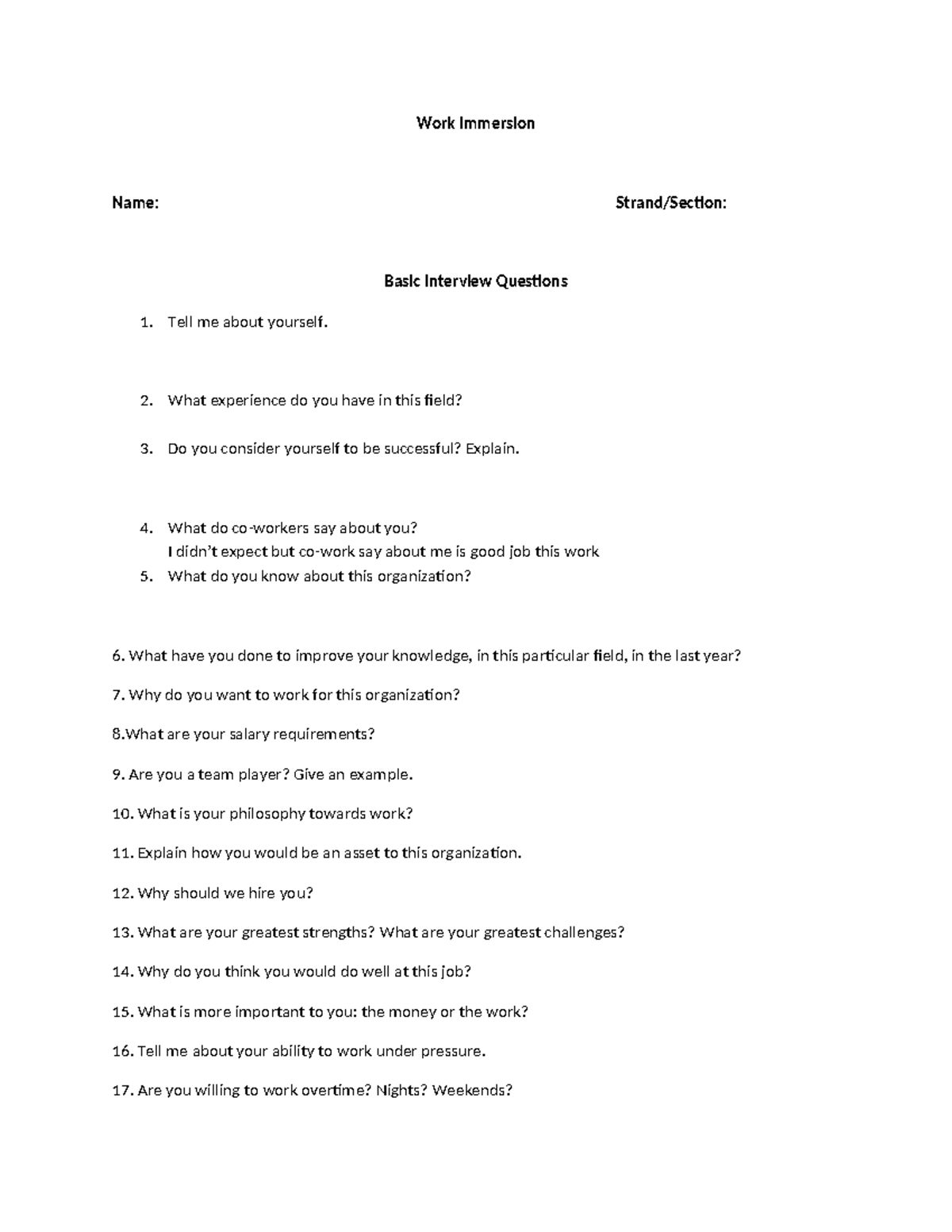 Interview-question - InterviewPractical Training - Work Immersion Name ...