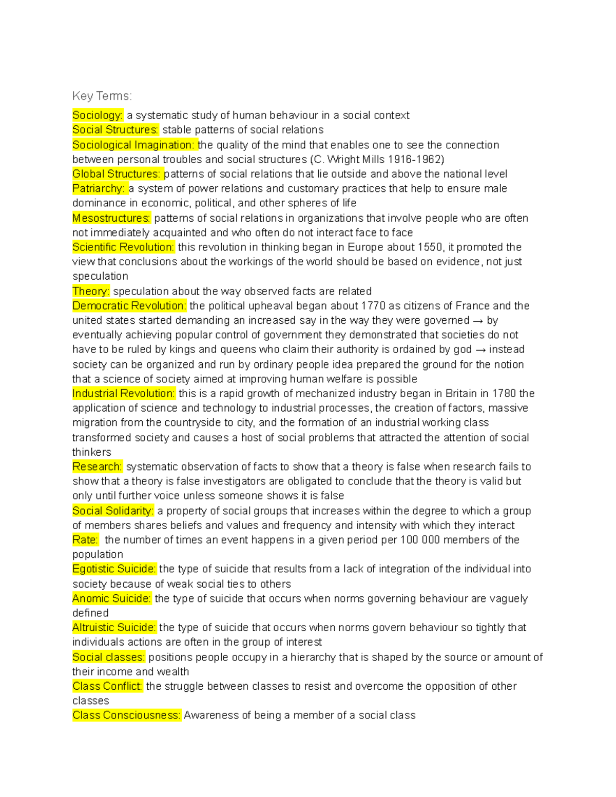 Sociology Test 1 - Key Terms: Sociology: a systematic study of human ...