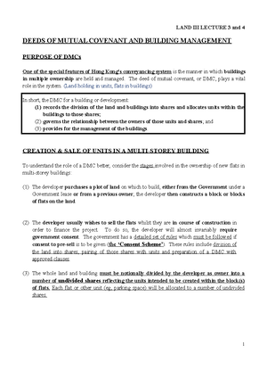 Land Lecture 3 4 Dmc Deeds Of Mutual Covenant And Building Studocu