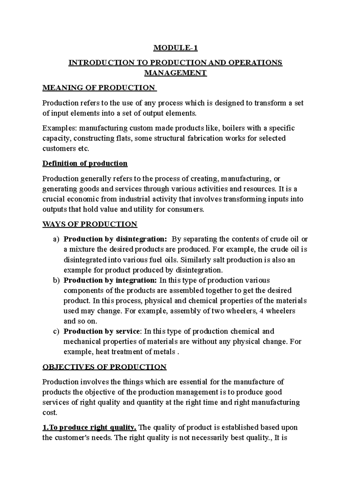 Module-1 - NOTES - MODULE- INTRODUCTION TO PRODUCTION AND OPERATIONS ...